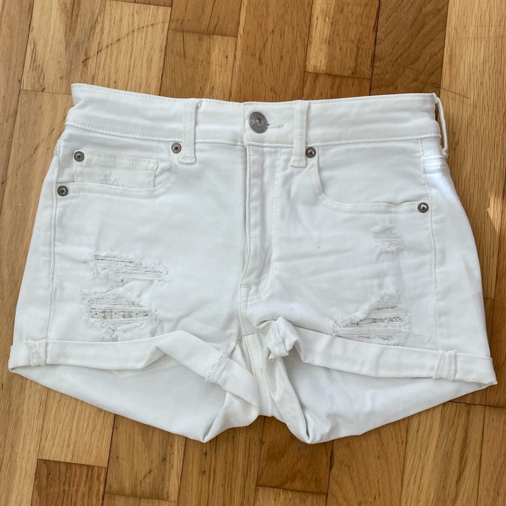 American Eagle Hi Rise Shortie White Jean Shorts